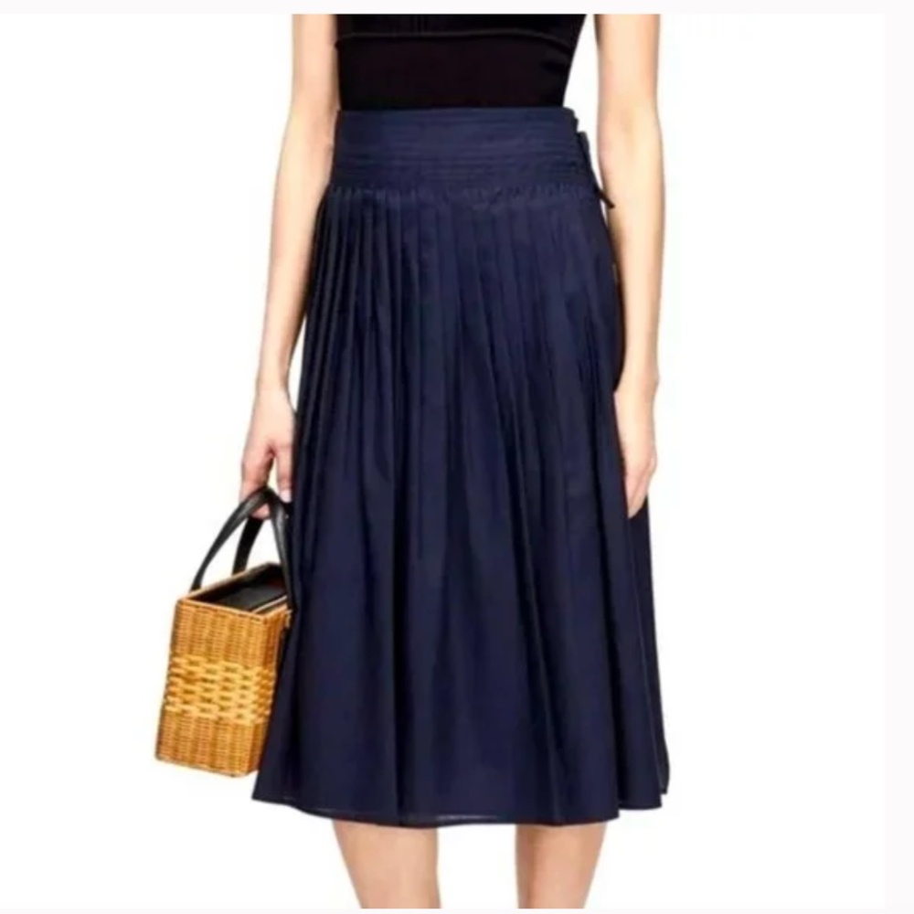 Vince Navy Stitch-Pleated Wrap Midi Skirt in Coastal Blue Size XS